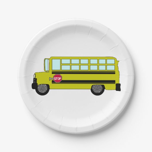 Gelber Schulbus mit Stoppschild Pappteller (Vorderseite)