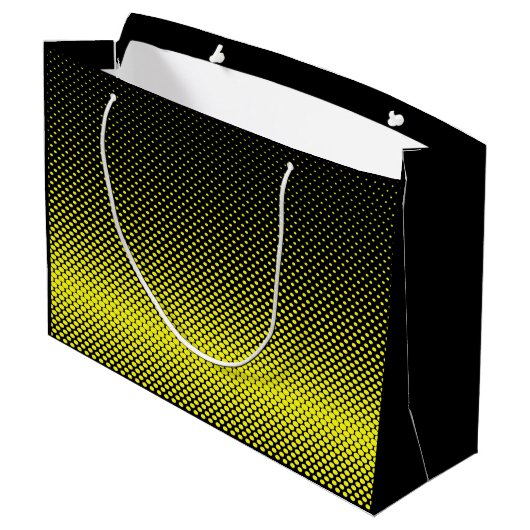 Gelber schwarzer Polka Dot Halftone Hintergrund Große Geschenktüte (Rückseite Schrägansicht)