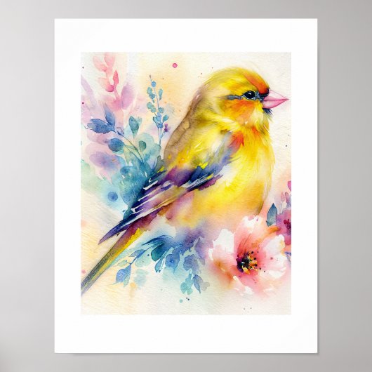 Gelber Singvogel-Blumen-Wasserfarbenposter  Poster (Vorne)