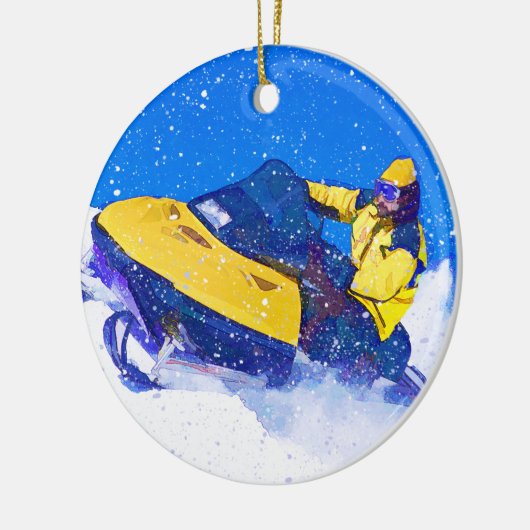 Gelber Snowmobile im Blizzard Keramikornament (Links)