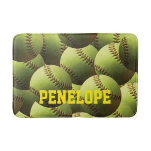 Gelber Softball-Name im gelben Text Badematte