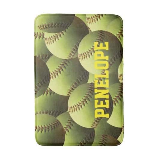 Gelber Softball-Name im gelben Text Badematte (Vorderseite Vertikal)