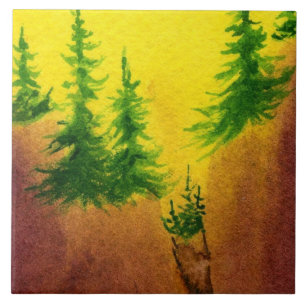 Gelber Sonnenaufgang mit Kiefern auf einer Klippe Fliese