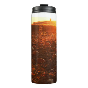 Gelber Sonnenuntergang Kürbisfeld Thermosbecher