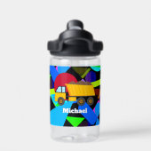 Gelber Sprungwagen, farbenfrohe geometrische Forme Trinkflasche (Rückseite)