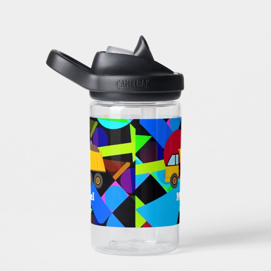 Gelber Sprungwagen, farbenfrohe geometrische Forme Trinkflasche (rechts)