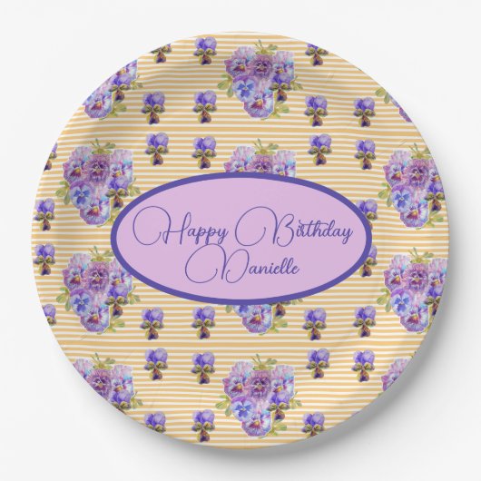 Gelber Streifen Shabby Chic Blumengeburt Pappteller (Vorderseite)