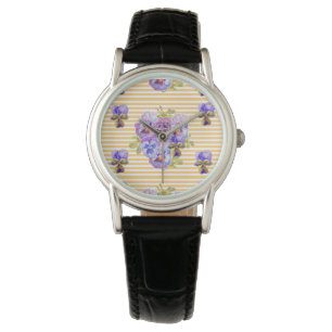 Gelber Streifen Shabby Pansy Blume Armbanduhr