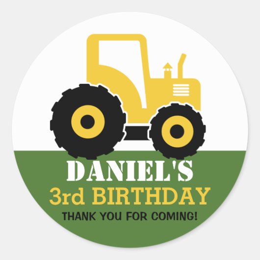 Gelber Traktor Cartoon Kindergeburtstag Party Stic Runder Aufkleber (Vorderseite)