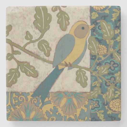 Gelber und Aquamariner Blauer Vogel auf einem Zwei Steinuntersetzer (Vorderseite)