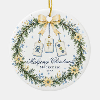 Gelber und blauer Mahjong-Kachelkranz Weihnachten Keramik Ornament