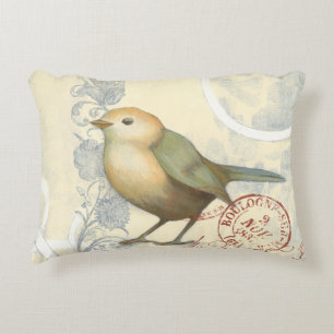 Gelber und grüner Spatz auf Vintagem Hintergrund Dekokissen
