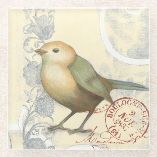 Gelber und grüner Spatz auf Vintagem Hintergrund Glasuntersetzer (Vorderseite)