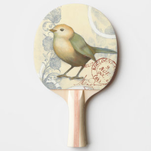 Gelber und grüner Spatz auf Vintagem Hintergrund Tischtennis Schläger