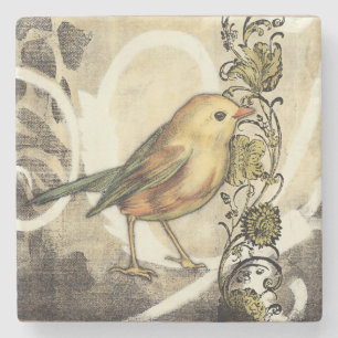 Gelber und grüner Vogel auf Vintagem Hintergrund Steinuntersetzer