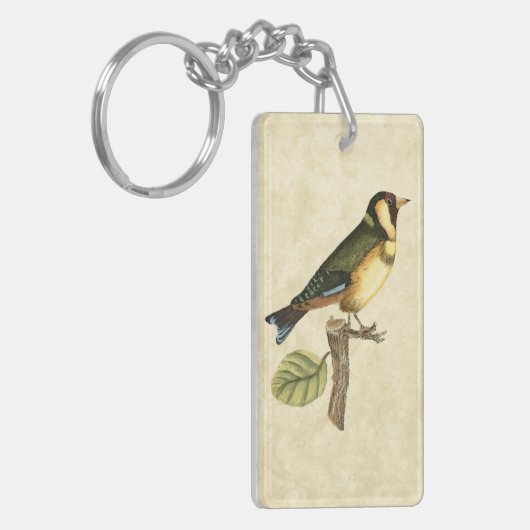 Gelber und grüner Vogel gehockt auf einer kleinen Schlüsselanhänger (Vorderseite links)