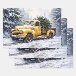 Gelber Vintage-Pickup-Truck Weihnachtsbaum Geschenkpapier Set
