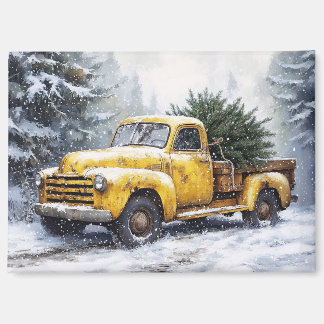 Gelber Vintage-Pickup-Truck Weihnachtsbaum Magnet