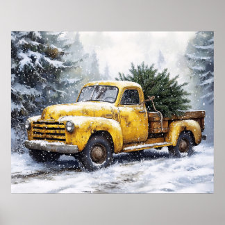 Gelber Vintage-Pickup-Truck Weihnachtsbaum Poster