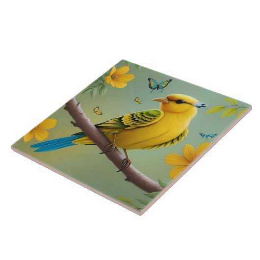 Gelber Vogel am Zweig Fliese (Seite)