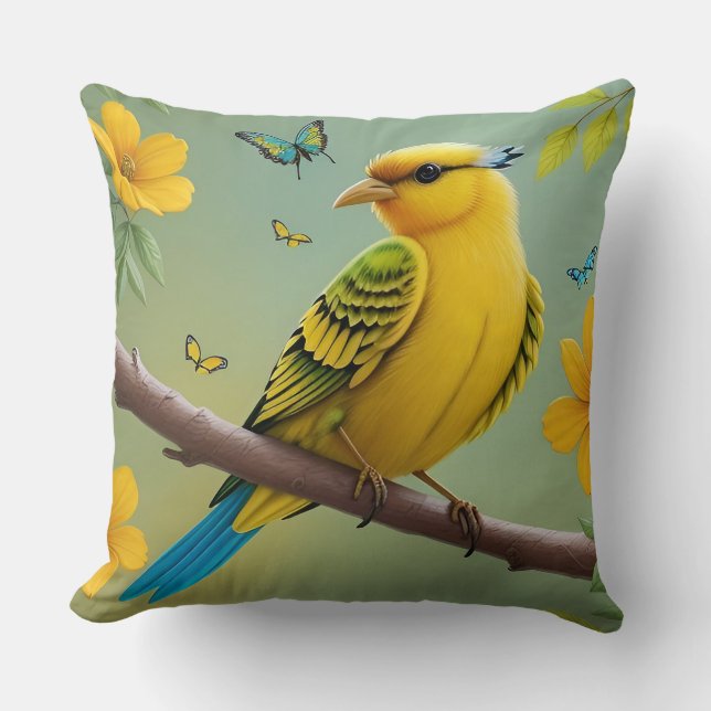 Gelber Vogel am Zweig Kissen (Vorderseite)
