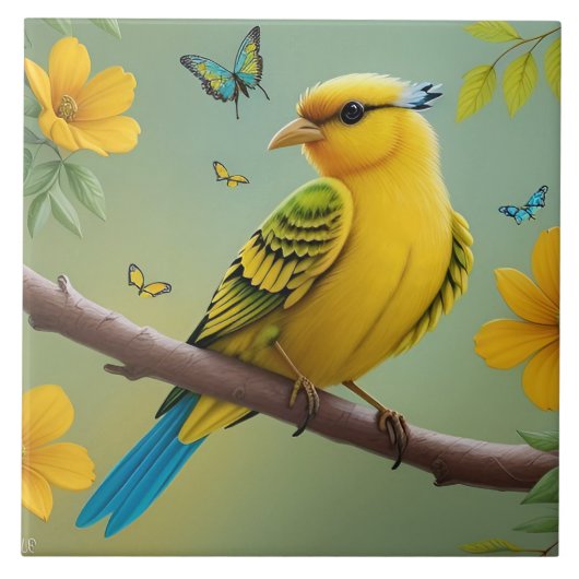 Gelber Vogel auf Ast Fliese (Vorderseite)