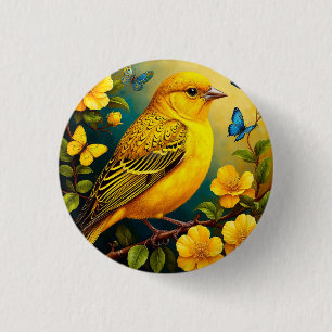 Gelber Vogel auf leuchtenden Blüten sitzend Button
