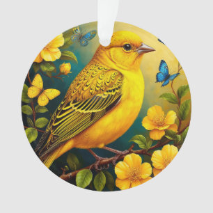 Gelber Vogel auf leuchtenden Blüten sitzend Ornament
