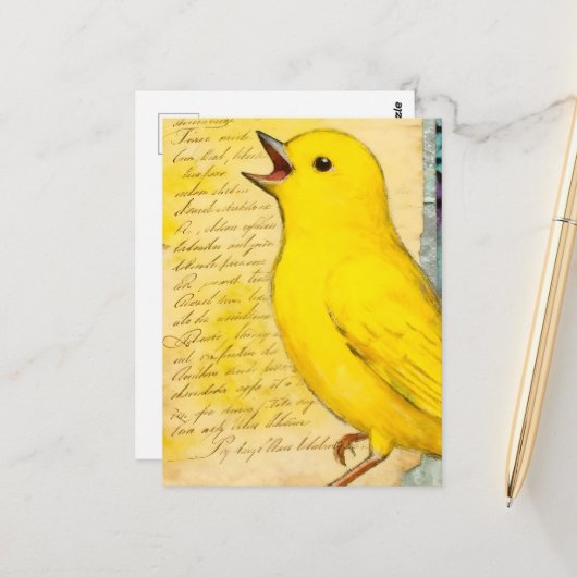 Gelber Vogel Mixed Media Postkarte (Vorderseite/Rückseite Beispiel)