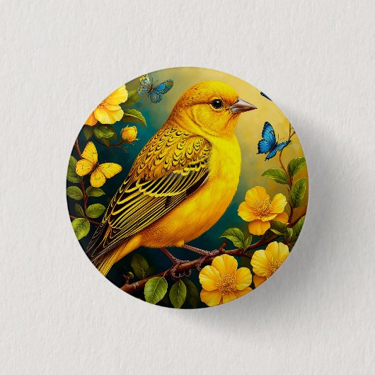 Gelber Vogel unter leuchtenden Blüten Button (Vorderseite)