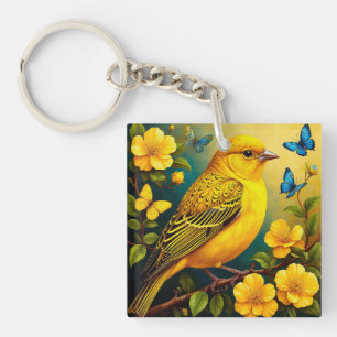 Gelber Vogel unter leuchtenden Blüten Schlüsselanhänger