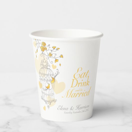 Gelber Vogelkäfig Hochzeitsstichtag individuelle N Pappbecher (Rückseite)