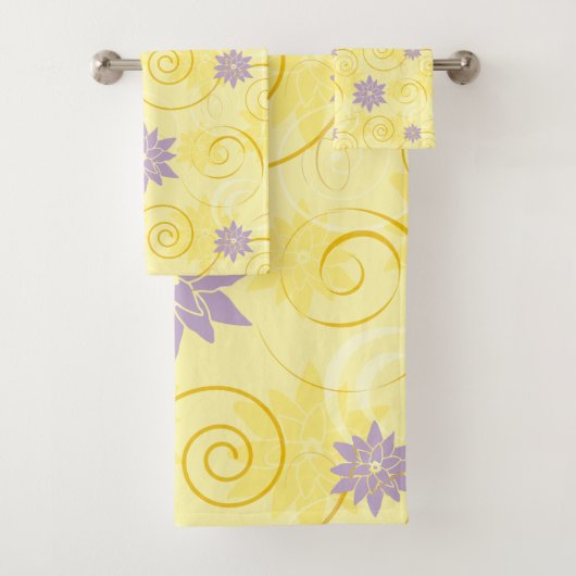 Gelber Wirbel mit lila Lotos-Blumen-Muster Badhandtuch Set (Insitu)