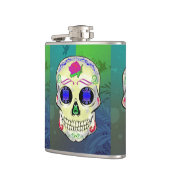 Gelber Zuckerschädel mit Lila Rose Flachmann (Links)