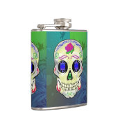 Gelber Zuckerschädel mit Lila Rose Flachmann (Rechts)