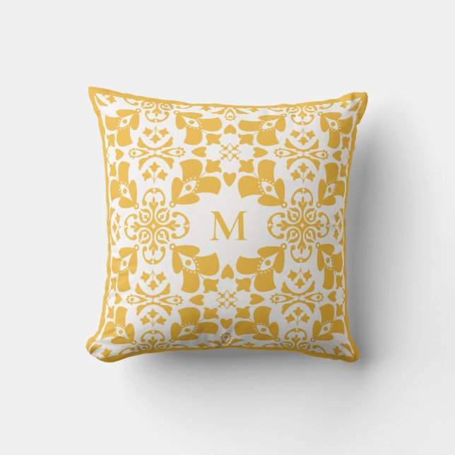Gelbes Abstraktes Blumenmuster Modernes Monogramm Kissen (Vorderseite)