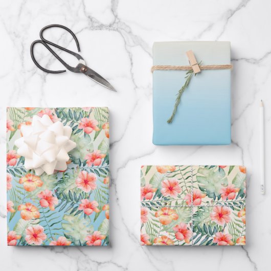 Gelbes Aqua Pink Peach Hibiskus Floral Geschenkpapier Set (Vorderseite)