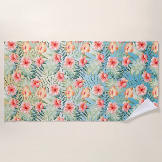 Gelbes Aqua Pink Peach Hibiskus Floral Strandtuch (Vorderseite)