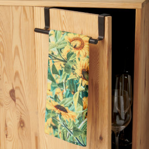 Gelbes, Aquamarines Blumendesign Geschirrtuch