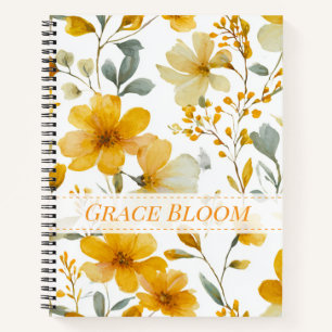 Gelbes Aquarell-Blumen-Botanik-Blumenmuster Notizblock