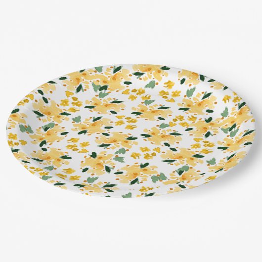 Gelbes Aquarell Blumengarten Teller (Schrägansicht)
