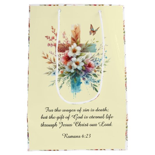 Gelbes Aquarell Kreuz Blume Christlich Ostern Mittlere Geschenktüte (Rückseite)