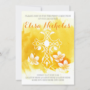Gelbes Aquarellkreuz Blumenkreuz Erste Kommune Einladung