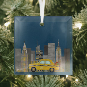 Gelbes Auto in der Stadt individuell anpassbar Ornament Aus Glas