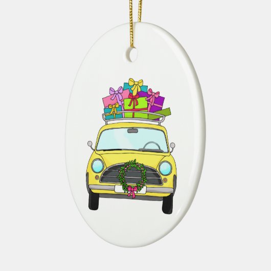 Gelbes Auto mit Weihnachtsgeschenken Keramik Ornament (Links)