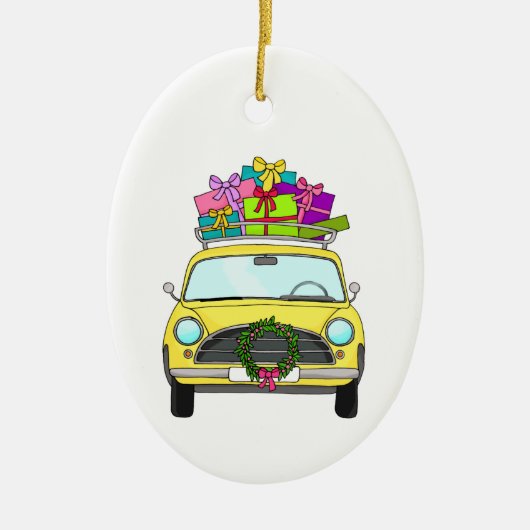 Gelbes Auto mit Weihnachtsgeschenken Keramik Ornament (Vorne)