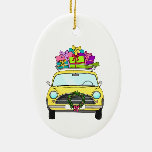 Gelbes Auto mit Weihnachtsgeschenken Keramik Ornament (Hinten)