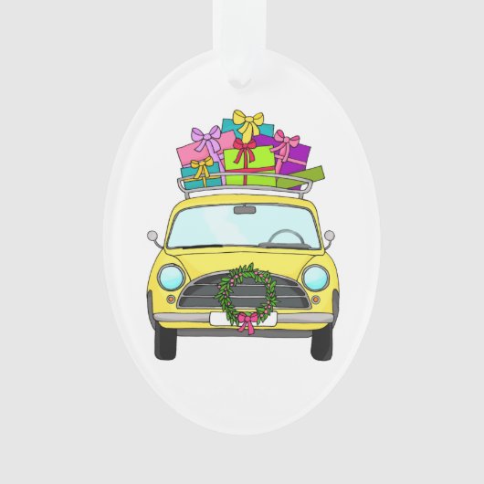 Gelbes Auto mit Weihnachtsgeschenken Ornament (Vorderseite)