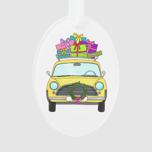 Gelbes Auto mit Weihnachtsgeschenken Ornament (Rückseite)