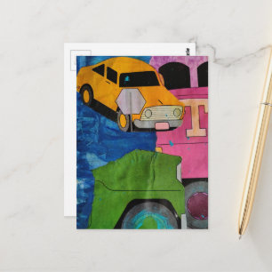 Gelbes Auto Rosa und Grüner LKW-Mixed-Media-Collag Postkarte
